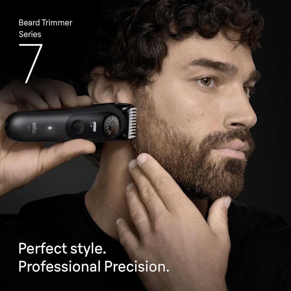 Braun Beard Trimmer Series 7, +12 Barbering Tools, Lifetime Sharp ProBlade, Up to 120 Min Runtime, 40 Lengths, Waterproof, PrecisionWheel & Lock, BT7545, Grey