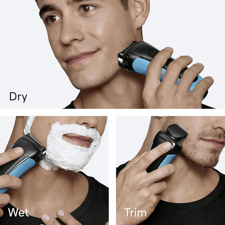 Braun Series 3+ Electric Shaver, 3 Flexible Blades, Wet & Dry Razor for Men with Beard Trimmer Attachment, +5 Combs, Efficiency MicroComb, Made in Germany, 3010BT, Blue