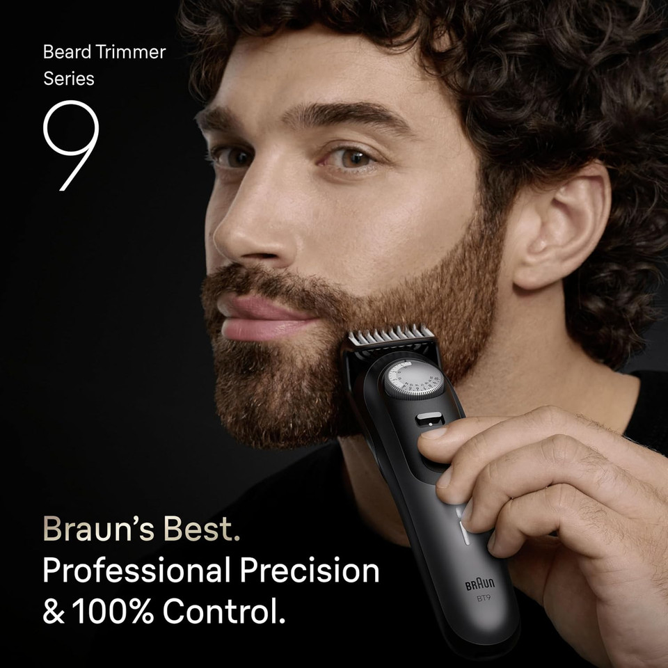 Braun Beard Trimmer Series 9, +14 Barbering Tools, Power Boost & Lifetime Sharp ProBlade, 180 Min, with Fade, 52 Lengths, PrecisionWheel & Lock, Waterproof, BT9565, Titanium