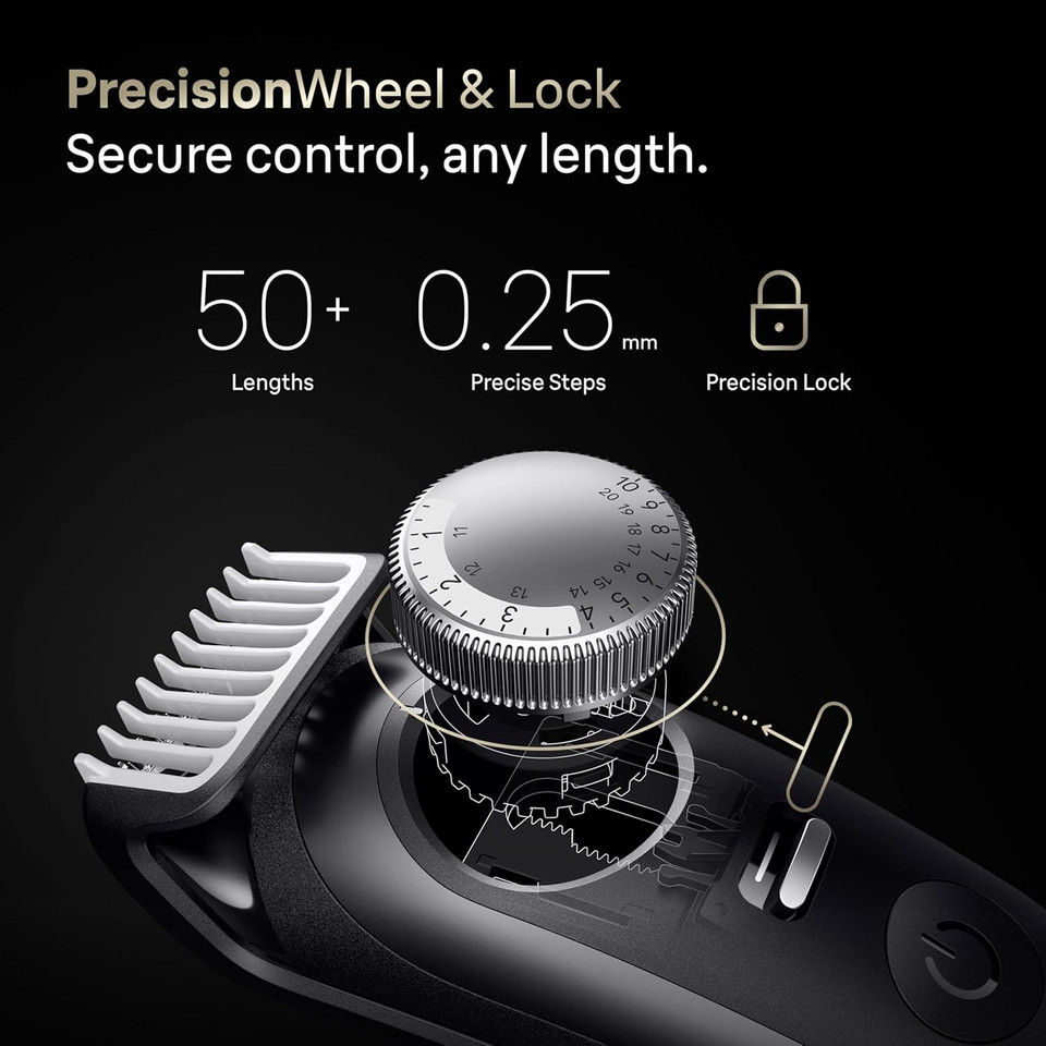 Braun Beard Trimmer Series 9, +14 Barbering Tools, Power Boost & Lifetime Sharp ProBlade, 180 Min, with Fade, 52 Lengths, PrecisionWheel & Lock, Waterproof, BT9565, Titanium
