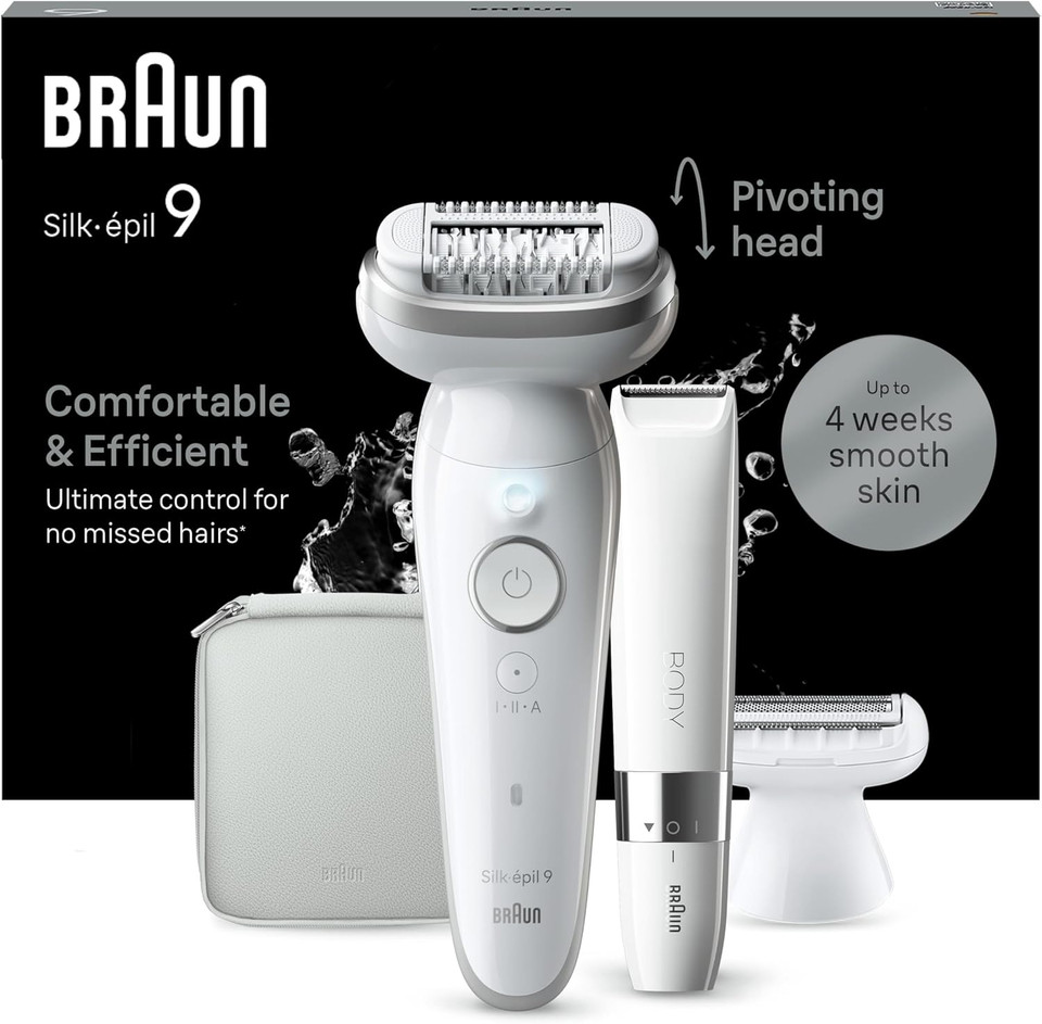 Braun Silk-épil 9, Epilator with Pivoting Head for Easy Hair Removal, Wet & Dry, Lasting Smooth Skin, with Lady Shaver Head & Trimmer Comb, 9-441, White/Silver with EU Plug