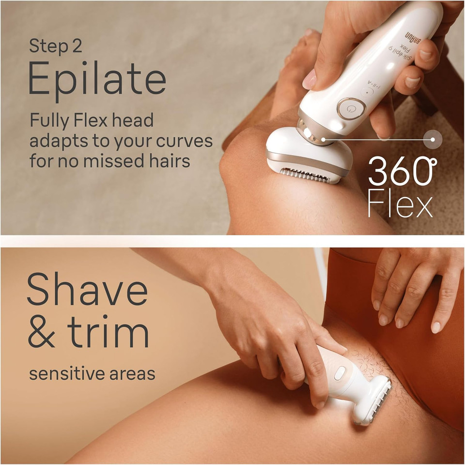 Braun Silk-épil 9 Flex SkinSpa, Epilator with 360° Flexible Head for Easy Hair Removal, Wet & Dry, Lasting Smooth Skin, All-in-One Kit, with Body Mini Shaver, SES9-481 3D, White/Gold
