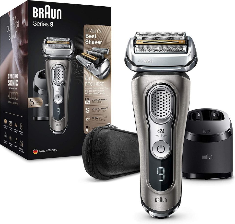 Braun Series 9 Electric Shaver 5, Electric Razor for Men With Clean & Charge Station & Leather Case, Gifts For Him, 2 Pin Bathroom Plug, 9385cc, Graphite Razor
