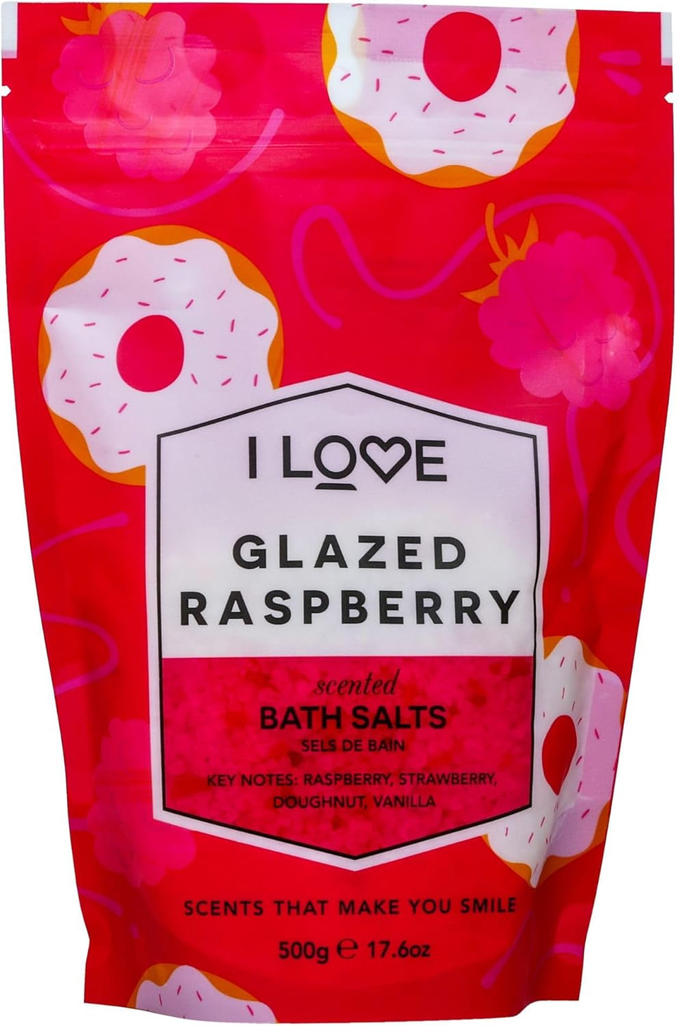I Love Glazed Raspberry Scented Bath Salts, with 99% Naturally Derived Ingredients Including ACB BioWater Bamboo, Lightly Fragranced Leaving Skin Feeling Silky & Smooth, VeganFriendly 500g