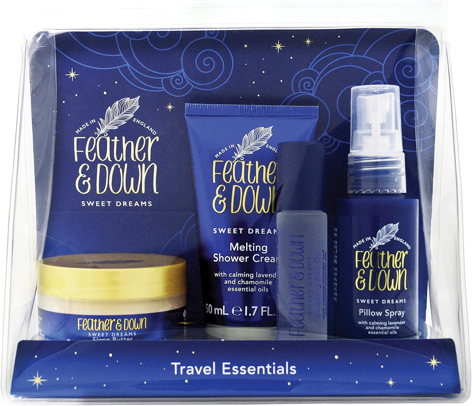 Feather & Down Travel Essentials Gift Set (Pillow Spray, Melting Shower Cream, Sleep Butter & Relaxing Roll-On) - Infused with Lavender & Chamomile Essential Oils. Vegan Friendly & Cruelty Free