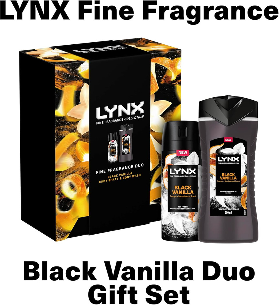 LYNX Fine Fragrance Collection Black Vanilla Duo Deodorant Gift Set Body Wash & Body Spray perfect gifts for him 2 piece
