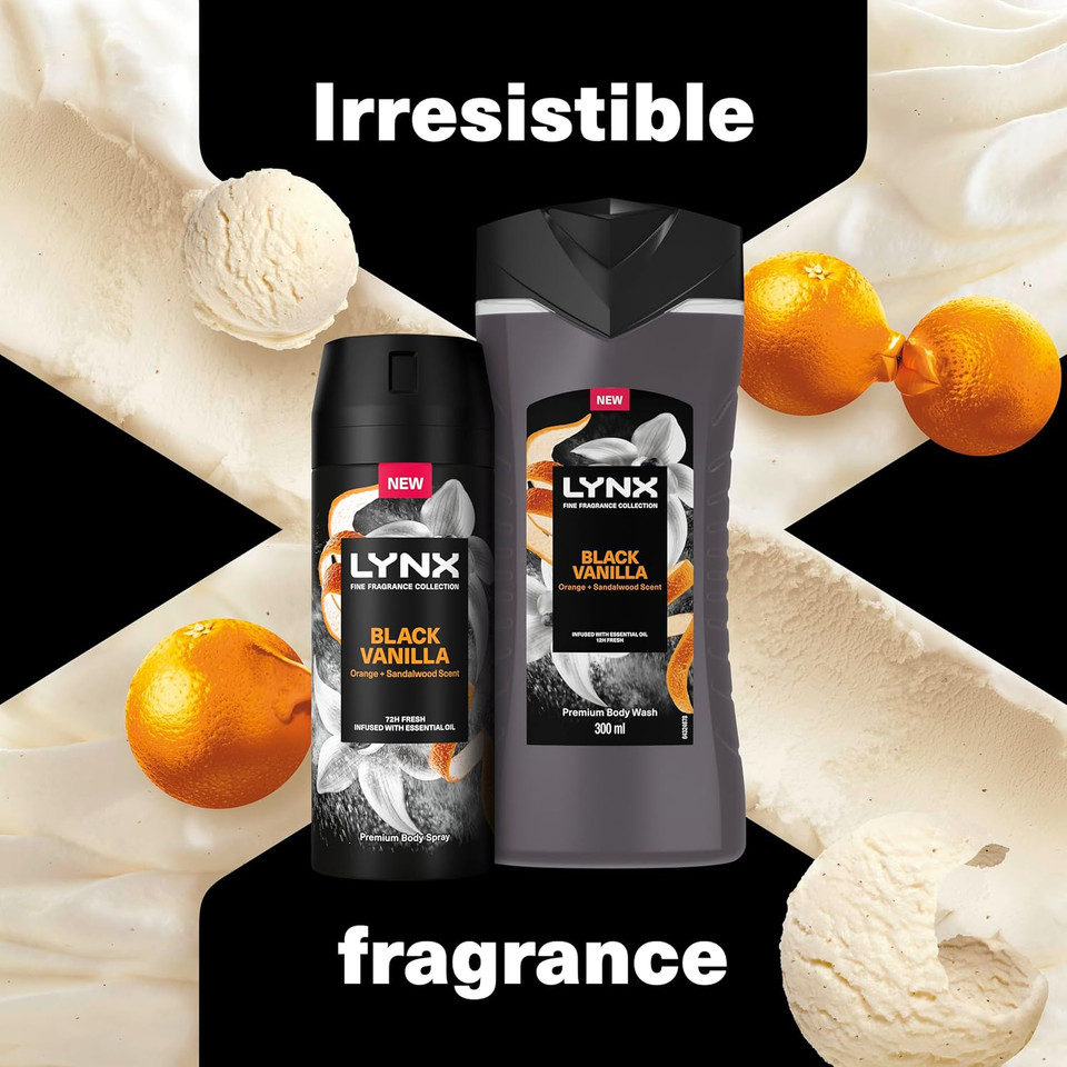 LYNX Fine Fragrance Collection Black Vanilla Duo Deodorant Gift Set Body Wash & Body Spray perfect gifts for him 2 piece
