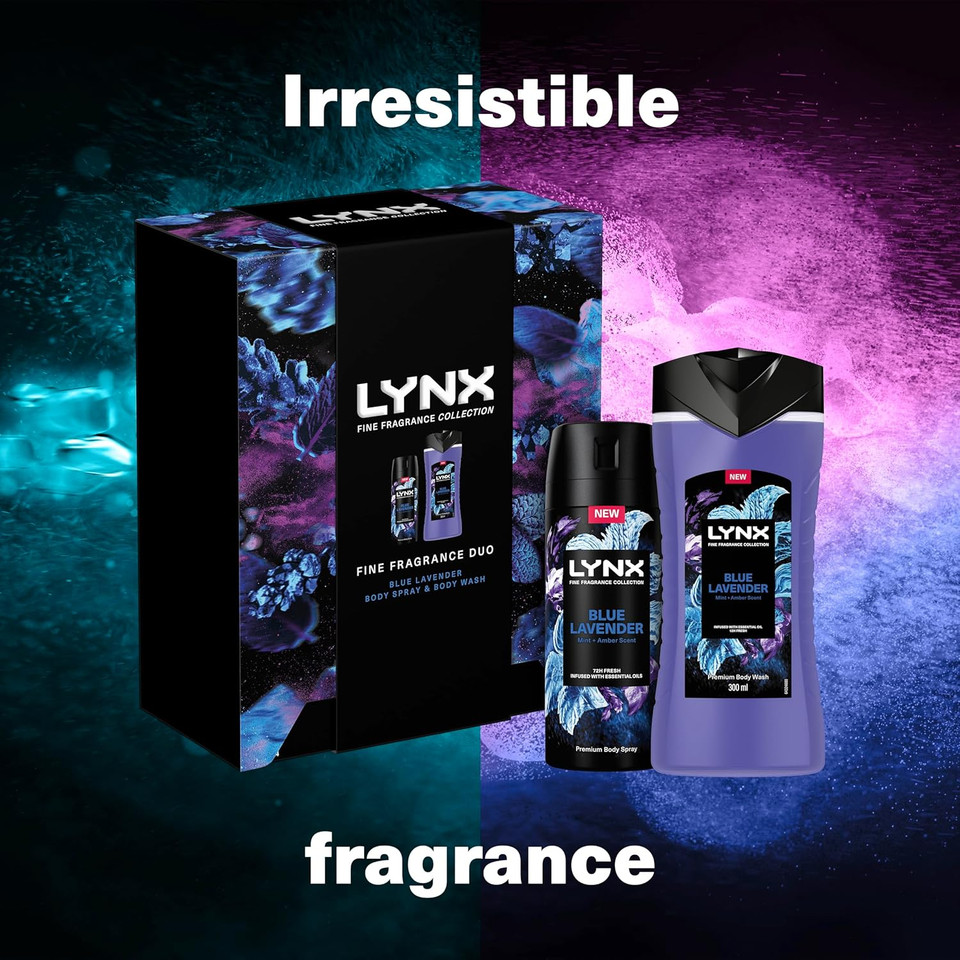 LYNX Fine Fragrance Collection Blue Lavender Duo Deodorant Gift Set Body Wash & Body Spray perfect gifts for him 2 piece