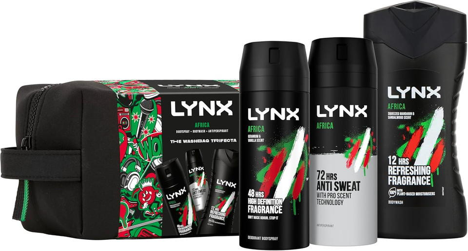 Lynx Africa THE TRIFECTA 48H Protection Body Spray 150ml, 12H Refreshing Body Wash 225ml and 72H Protection Anti Perspirant 150ml 3 Pieces Gift Set for Him with Washbag