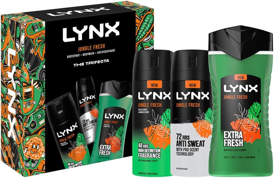Lynx Jungle Fresh THE TRIFECTA 3-in-1 Body Wash 225 ml, 48Hrs High Definition Body Spray 150 ml & 72Hrs Antiperspirant 150 ml 3 Pieces Gift Set for Him