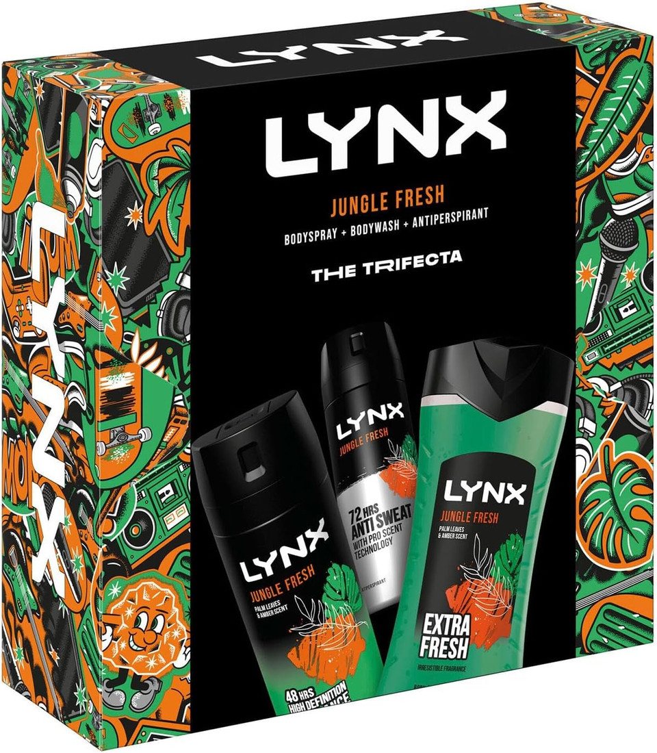 Lynx Jungle Fresh THE TRIFECTA 3-in-1 Body Wash 225 ml, 48Hrs High Definition Body Spray 150 ml & 72Hrs Antiperspirant 150 ml 3 Pieces Gift Set for Him