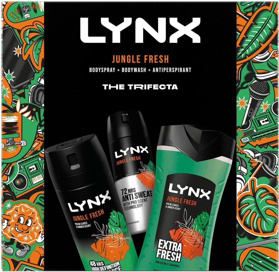 Lynx Jungle Fresh THE TRIFECTA 3-in-1 Body Wash 225 ml, 48Hrs High Definition Body Spray 150 ml & 72Hrs Antiperspirant 150 ml 3 Pieces Gift Set for Him