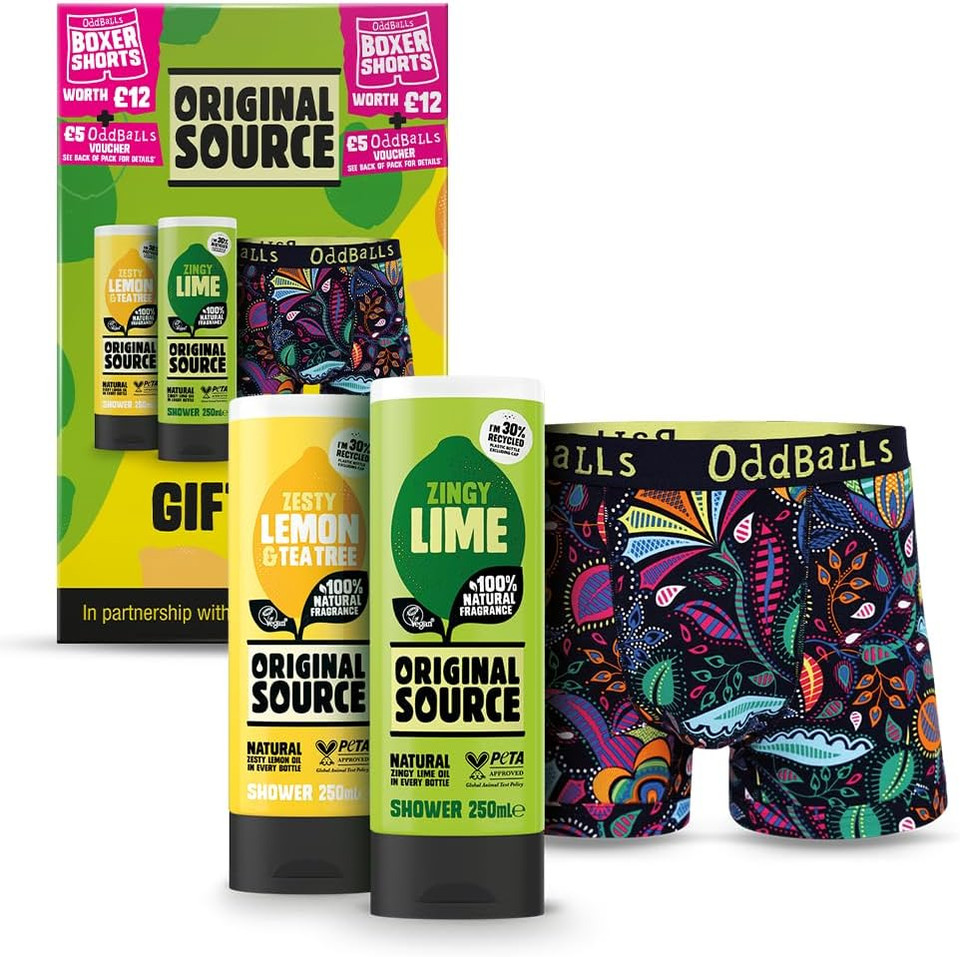 Original Source x Oddballs Gift Set, Lime Shower Gel, Lemon & Tea Tree Shower Gel, Oddballs Boxers, Gifts for Men, Birthday Gift, 100 Percent Natural Fragrance, Vegan, Cruelty Free