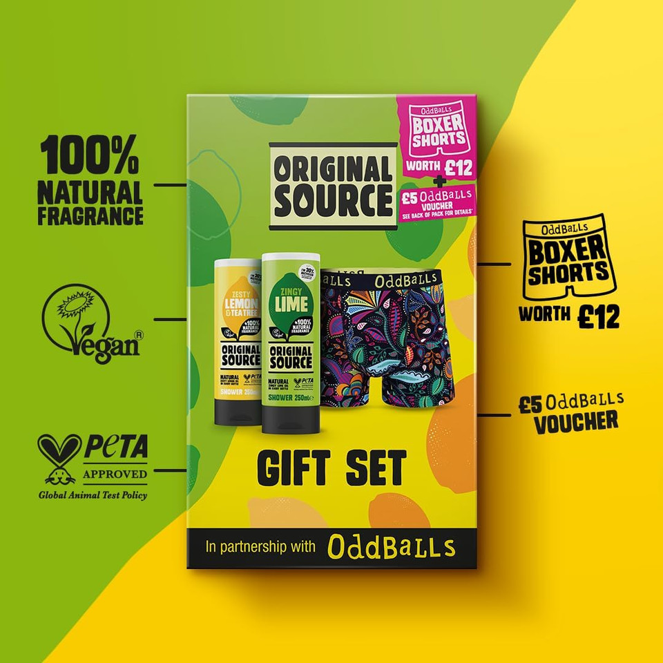 Original Source x Oddballs Gift Set, Lime Shower Gel, Lemon & Tea Tree Shower Gel, Oddballs Boxers, Gifts for Men, Birthday Gift, 100 Percent Natural Fragrance, Vegan, Cruelty Free
