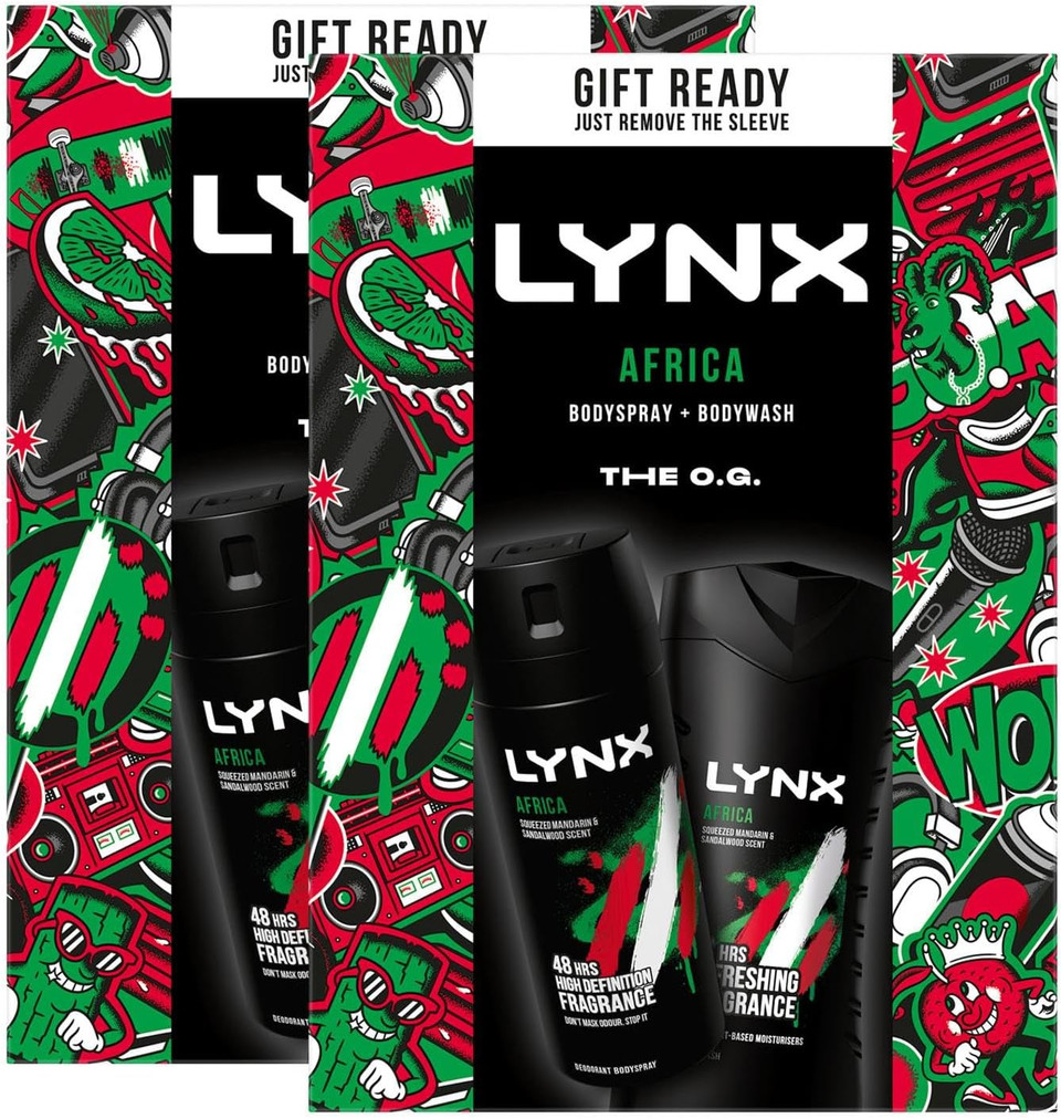 Lynx THE O.G. Africa Duo 48Hrs Odour Protection Body Spray 150 ml and 12Hrs Refreshing Fragrance Body Wash 225 ml 2 Pieces Ready to Wrap Gift Set for Him,2pk Lynx THE O.G. Africa Duo 48Hrs Odour Protection Body Spray 150 ml and 12Hrs Refreshing Fragrance Body Wash 225 ml 2 Pieces Ready to Wrap Gift Set for Him,2pk