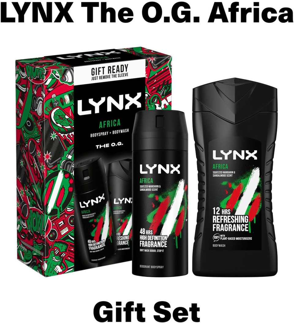 Lynx THE O.G. Africa Duo 48Hrs Odour Protection Body Spray 150 ml and 12Hrs Refreshing Fragrance Body Wash 225 ml 2 Pieces Ready to Wrap Gift Set for Him,2pk Lynx THE O.G. Africa Duo 48Hrs Odour Protection Body Spray 150 ml and 12Hrs Refreshing Fragrance Body Wash 225 ml 2 Pieces Ready to Wrap Gift Set for Him,2pk