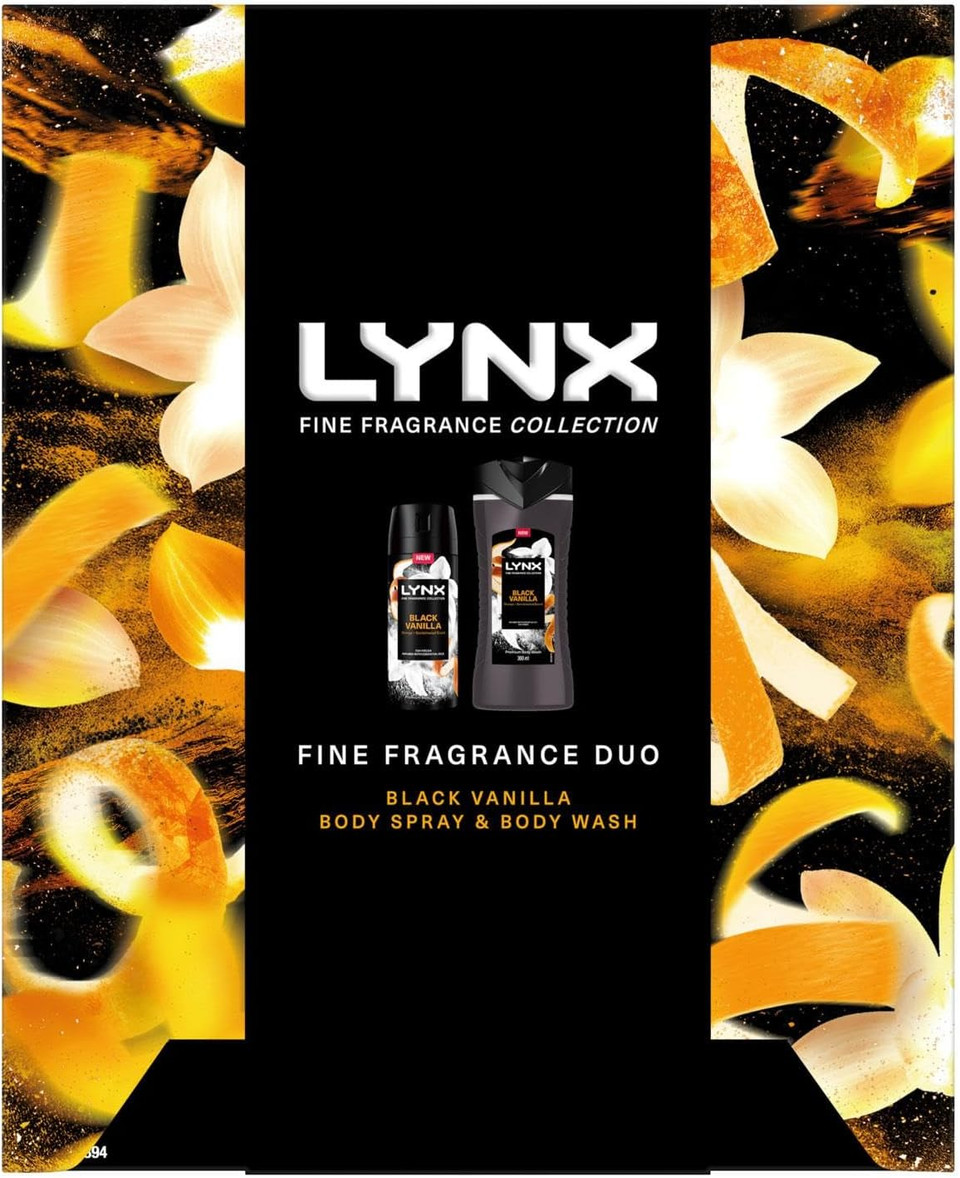 Lynx Fine Fragrance Duo Collection Black Vanilla 72Hrs Body Spray 150 ml and Body Wash 300 ml with Orange & Sandalwood Scent 2 Pieces Gift Set for Him,2pk