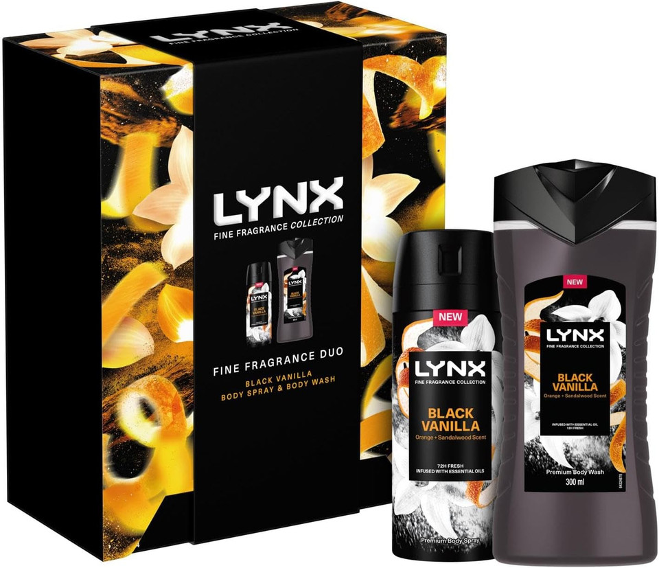 Lynx Fine Fragrance Duo Collection Black Vanilla 72Hrs Body Spray 150 ml and Body Wash 300 ml with Orange & Sandalwood Scent 2 Pieces Gift Set for Him,2pk