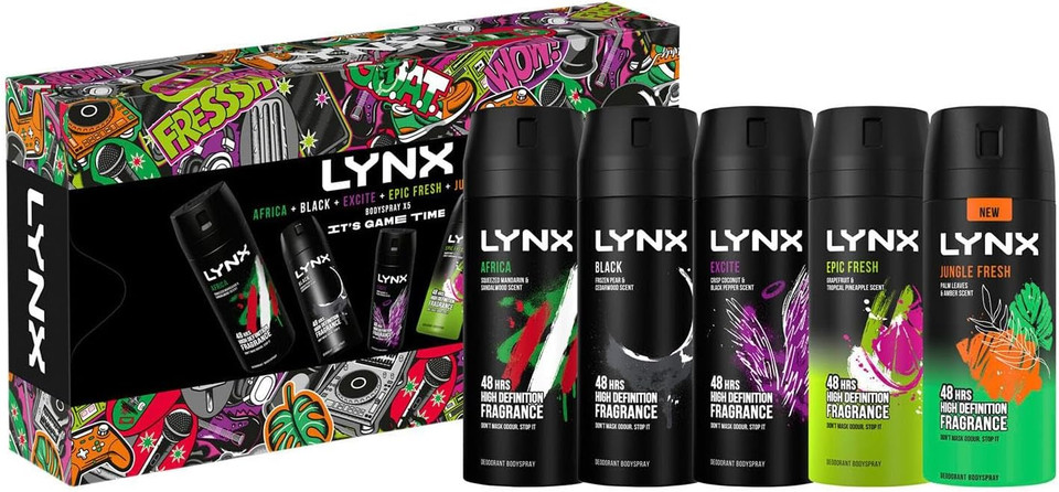 Lynx IT'S GAME TIME Body Spray Collection with 48 Hours Protection Africa, Black, Excite, Epic Fresh, Jungle Fresh Deodorant 5 Pieces Gift Set for Him