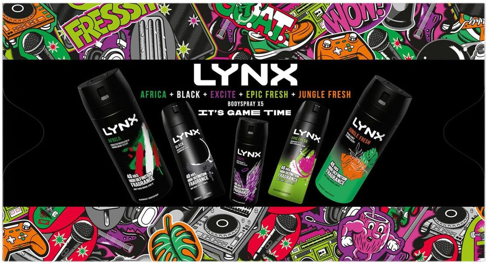 Lynx IT'S GAME TIME Body Spray Collection with 48 Hours Protection Africa, Black, Excite, Epic Fresh, Jungle Fresh Deodorant 5 Pieces Gift Set for Him