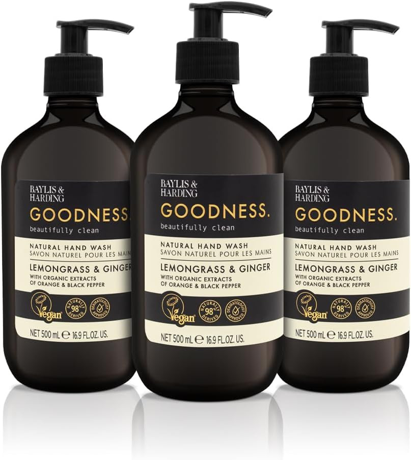 Baylis & Harding Goodness Lemongrass & Ginger Toiletries Bundle: 3 x 500 ml Hand Wash & 3 x 500 ml Bath Soak (6 bottles) - Vegan Friendly