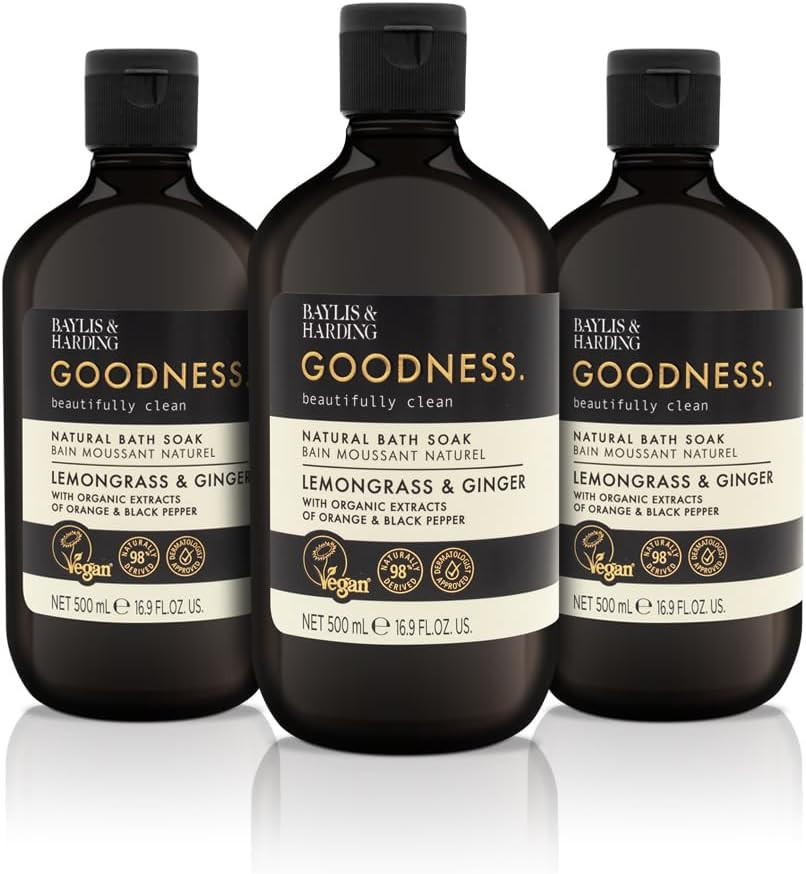Baylis & Harding Goodness Lemongrass & Ginger Toiletries Bundle: 3 x 500 ml Hand Wash & 3 x 500 ml Bath Soak (6 bottles) - Vegan Friendly