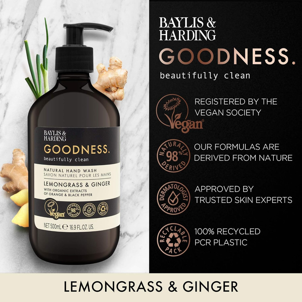 Baylis & Harding Goodness Lemongrass & Ginger Toiletries Bundle: 3 x 500 ml Hand Wash & 3 x 500 ml Bath Soak (6 bottles) - Vegan Friendly