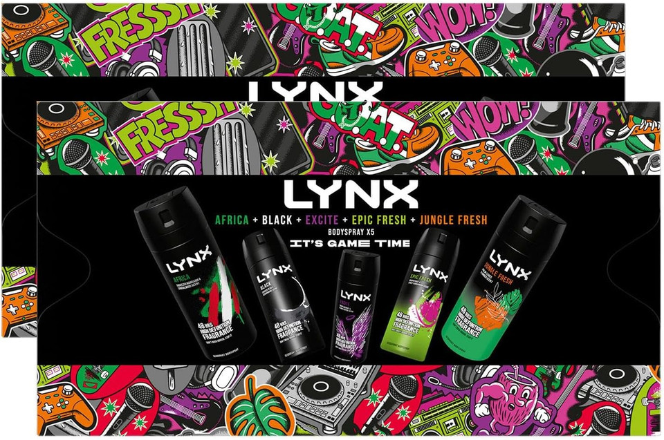 Lynx IT'S GAME TIME Body Spray Collection with 48 Hours Protection Africa, Black, Excite, Epic Fresh, Jungle Fresh Deodorant 5 Pieces Gift Set for Him,2pk