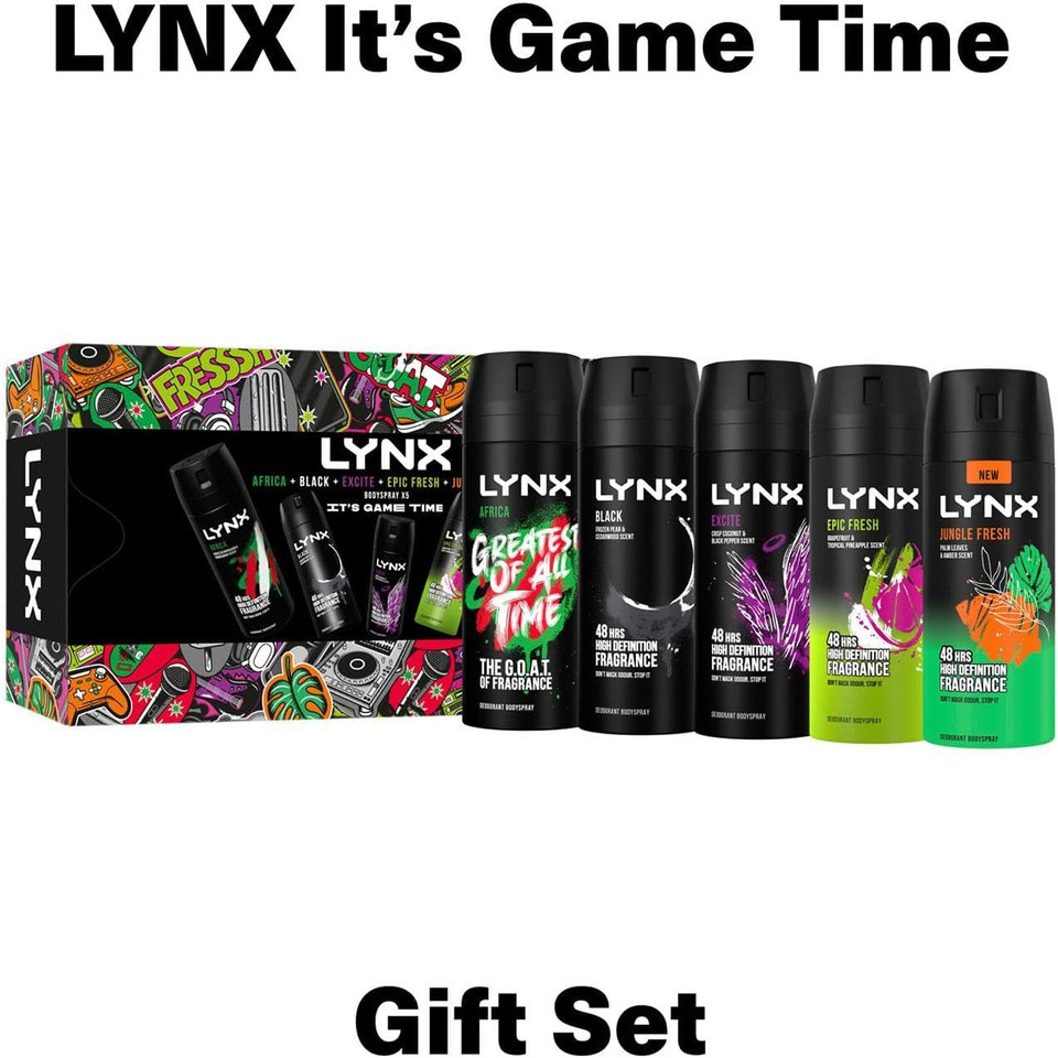 Lynx IT'S GAME TIME Body Spray Collection with 48 Hours Protection Africa, Black, Excite, Epic Fresh, Jungle Fresh Deodorant 5 Pieces Gift Set for Him,2pk