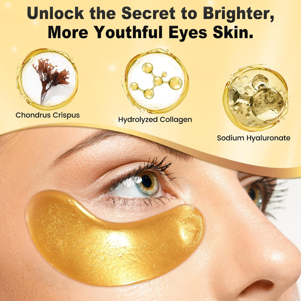 24K Gold Under Eye Patches, 12 Pairs Gel Eye Pads Skincare, Collagen Hyaluronic Acid, Against Dark Circles, Self Care Mask for Bags, Puffiness, Wrinkle Removal, Dermatologically Tested