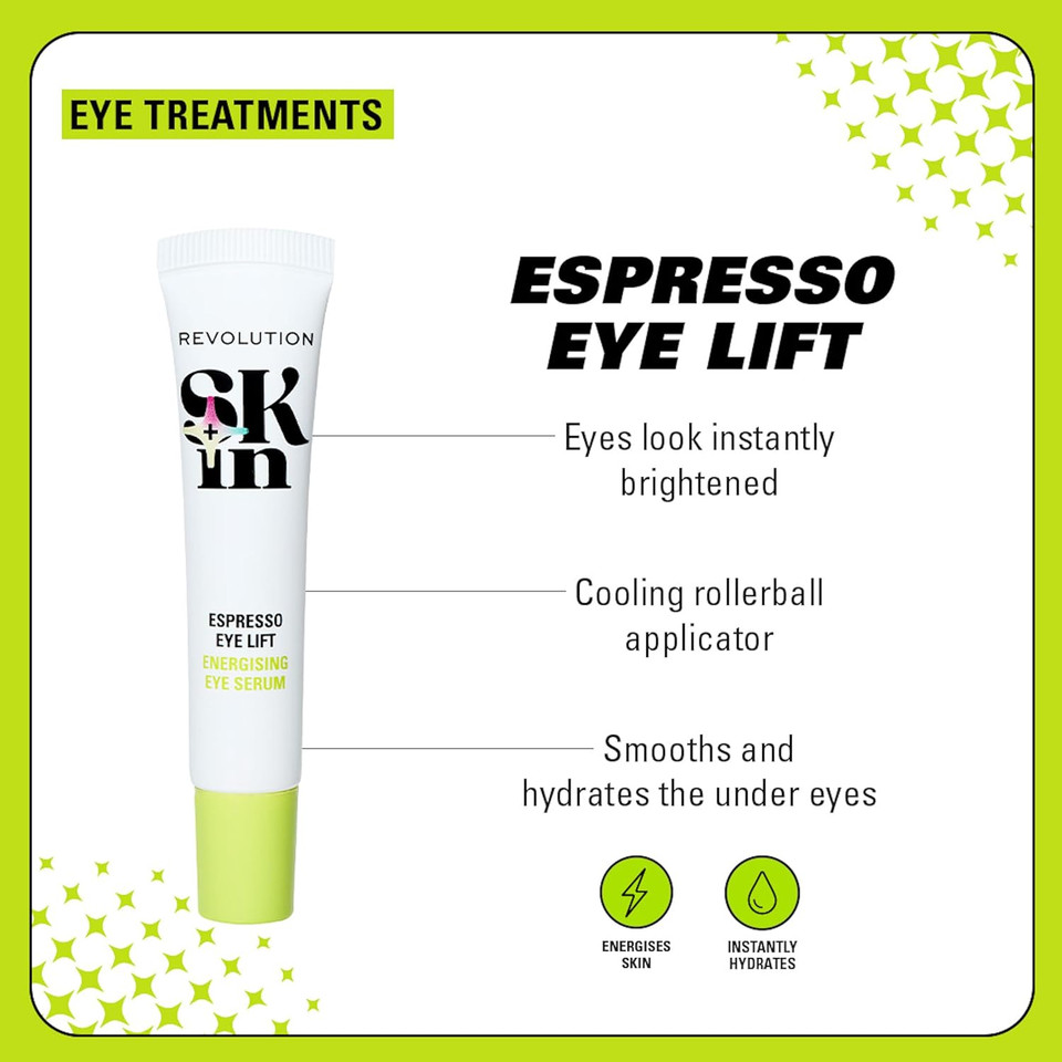 Revolution Skin, Espresso Eye Lift 5% Caffeine Energising Eye Serum, Infused With Hyaluronic Acid & Caffeine, Brightens Under-Eyes, Vegan & Cruelty-Free, 15ml