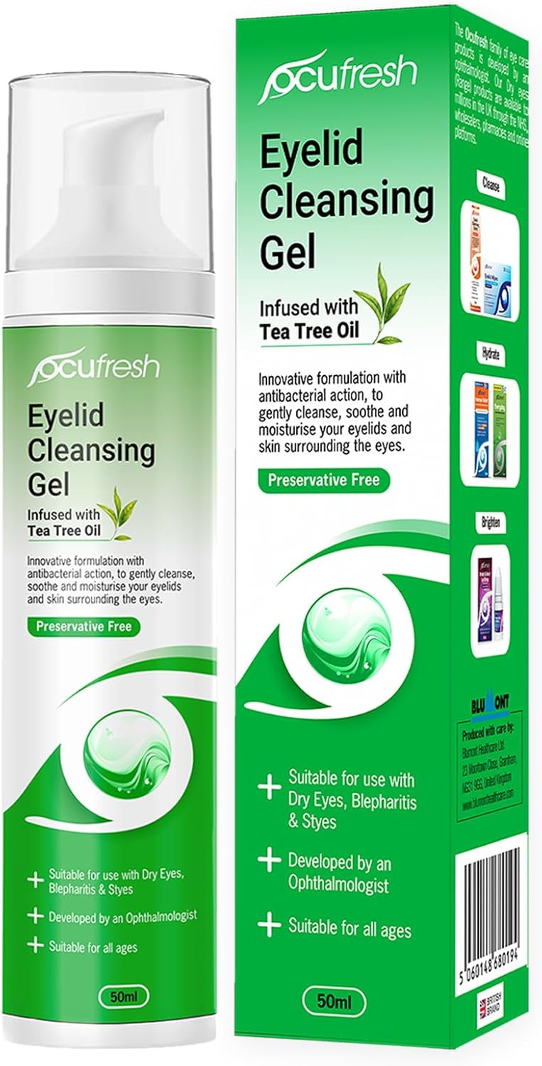 Ocufresh Eyelid Cleansing Gel with Tea Tree Oil  Hydraplus Technology for Long-Lasting Moisture - Antibacterial, Hydrating for Blepharitis, Styes  Natural, Preservative Free,for All Ages- 50ml