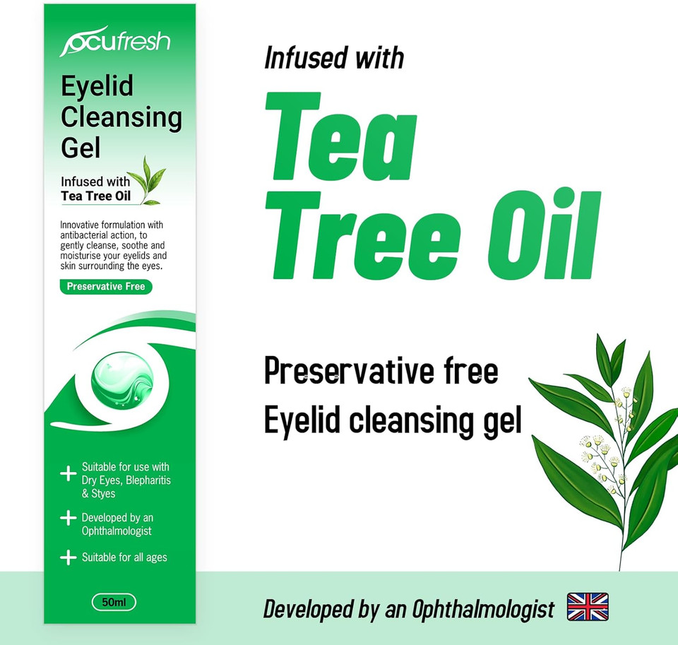 Ocufresh Eyelid Cleansing Gel with Tea Tree Oil  Hydraplus Technology for Long-Lasting Moisture - Antibacterial, Hydrating for Blepharitis, Styes  Natural, Preservative Free,for All Ages- 50ml