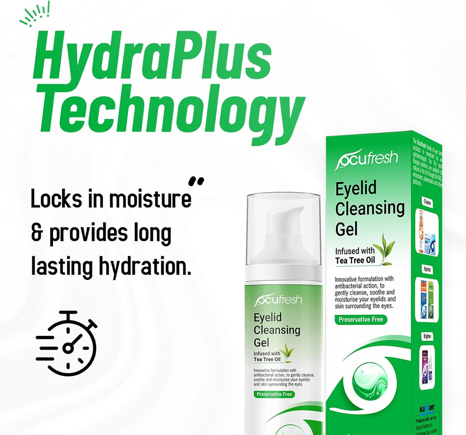 Ocufresh Eyelid Cleansing Gel with Tea Tree Oil  Hydraplus Technology for Long-Lasting Moisture - Antibacterial, Hydrating for Blepharitis, Styes  Natural, Preservative Free,for All Ages- 50ml