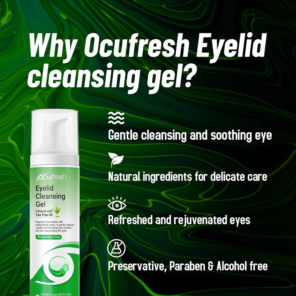 Ocufresh Eyelid Cleansing Gel with Tea Tree Oil  Hydraplus Technology for Long-Lasting Moisture - Antibacterial, Hydrating for Blepharitis, Styes  Natural, Preservative Free,for All Ages- 50ml