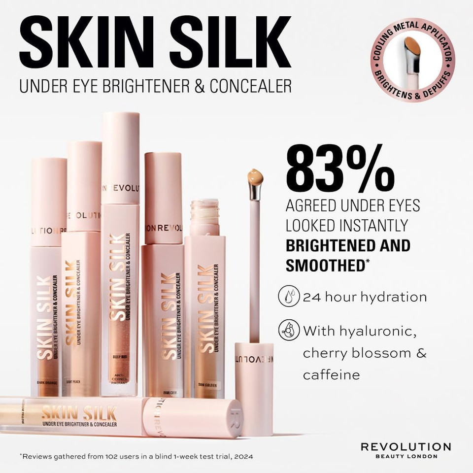 Revolution, Skin Silk Radiant Serum Under Eye Brightener, Hydrates & Smooths Under Eye with Hyaluronic Acid & Squalane, Vegan & Cruelty-Free, Medium Yellow, 4ml