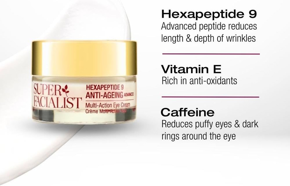 Super Facialist Hexapeptide 9 Anti-Ageing Advanced Multi Action Eye Cream - Anti Ageing Face Cream to Target Dark Circles & Fine Lines with Caffeine, Vegan Friendly, 15 ml