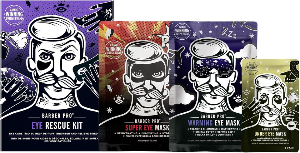 BARBER PRO EYE RESCUE KIT Mens Eye Mask 3-in-1 Pamper Set Under Eye Patches Detox Hydrate Natural Ingredients Soothe Puffy Dry Tired Eyes Vegan Skin Care for Men Multi Award Winning Brand 3 Packs