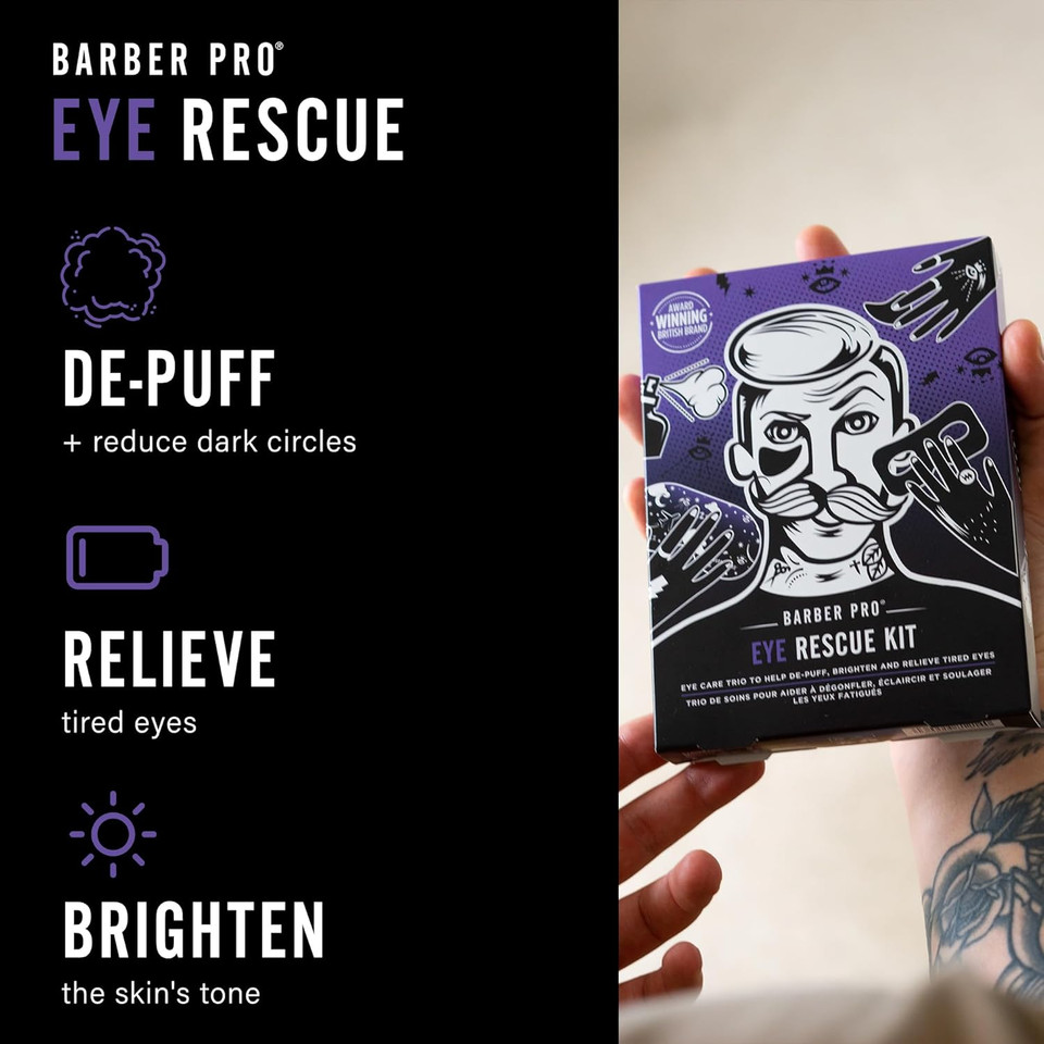 BARBER PRO EYE RESCUE KIT Mens Eye Mask 3-in-1 Pamper Set Under Eye Patches Detox Hydrate Natural Ingredients Soothe Puffy Dry Tired Eyes Vegan Skin Care for Men Multi Award Winning Brand 3 Packs