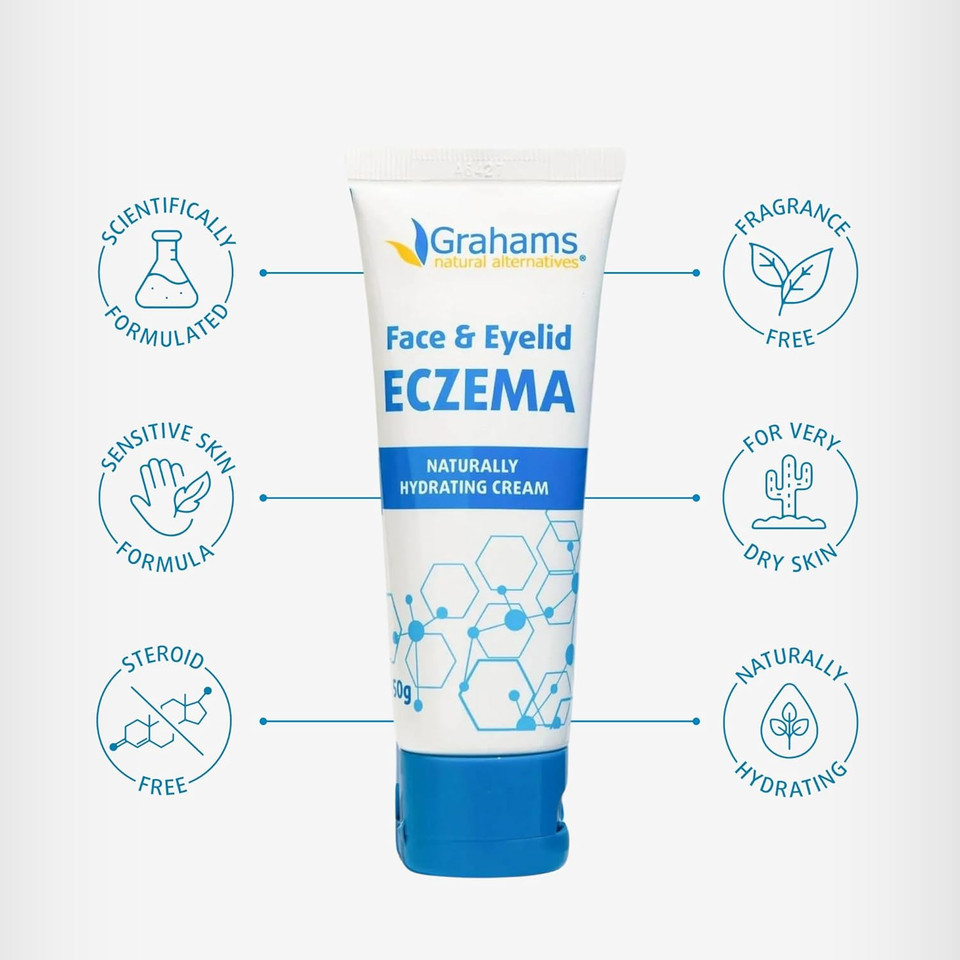 Grahams Natural Face & Eyelid Eczema Cream - Face Cream for Eczema, Dermatitis & Itch Relief - with Colloidal Oatmeal for Dry Skin, Redness & Inflammation | Hypoallergenic & Steroid-Free (50g)