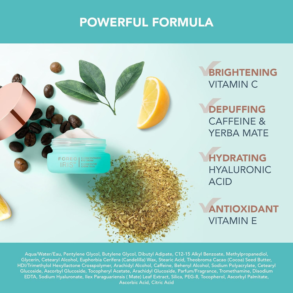 FOREO IRIS C-Concentrated Brightening Eye Cream for Dark Circles and Puffiness - Under Eye Brightener - Hyaluronic Acid - Antioxidant - Vegan - Travel Size - All Skin Types - 0.5 oz