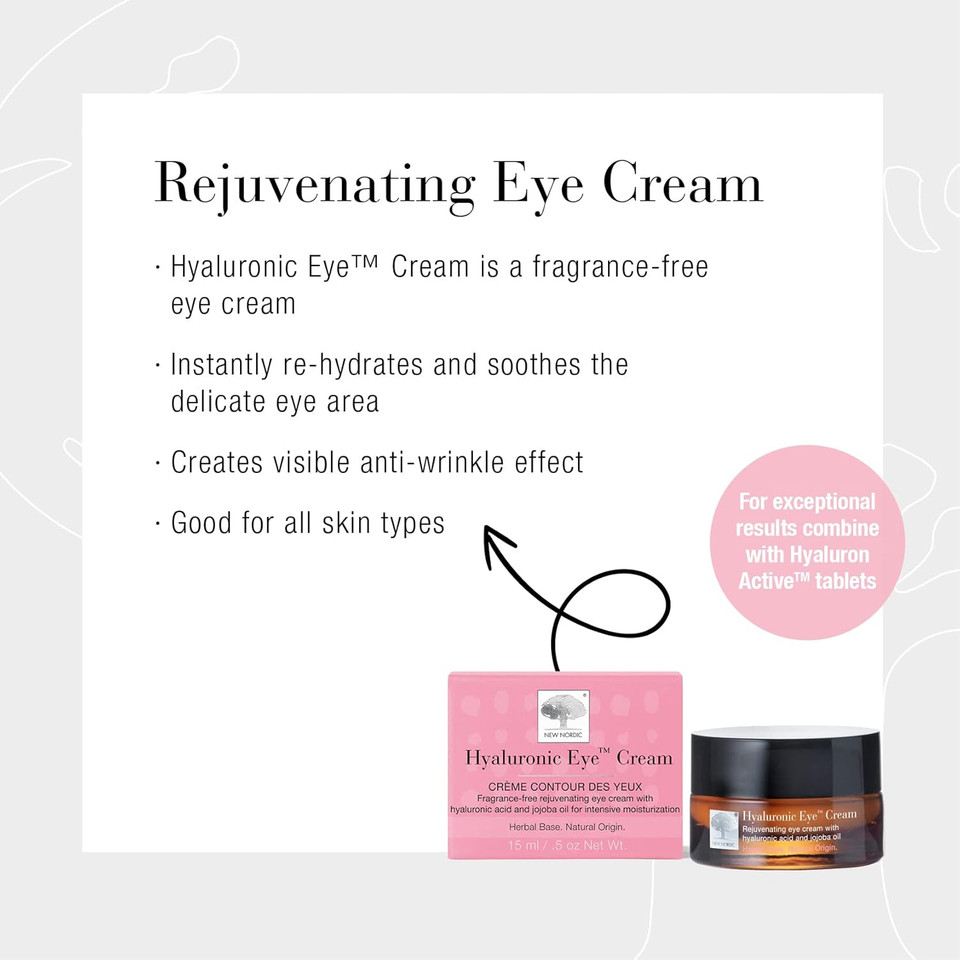 New Nordic Hyaluronic Eye Cream with Hyaluronic Acid - Helps Hydrate & Soothe Eye Area - Reduces Visibility of Lines & Wrinkles - Odour Free - 15 ml