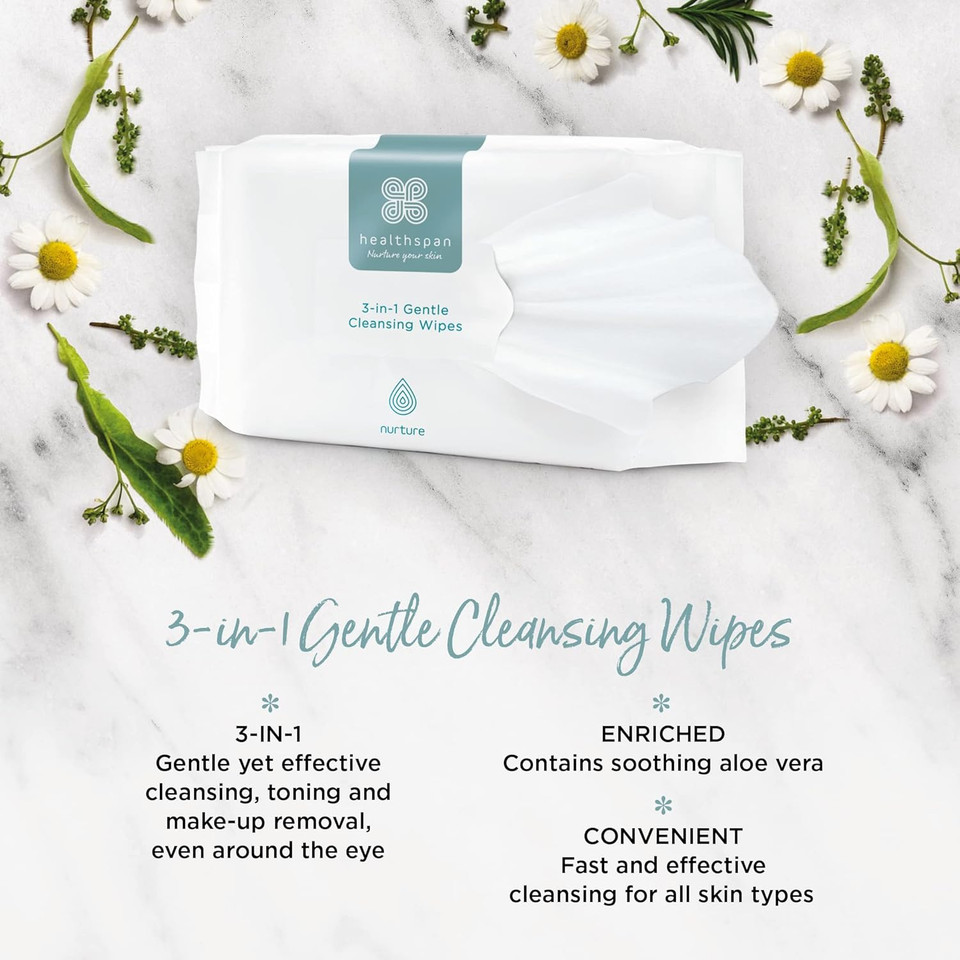 Healthspan 3-in-1 Gentle Cleansing Wipes (25 Wipes) | Remove Make-up, Cleanse & Tone | Enriched with Soothing Aloe Vera | Suitable For All Skin Types