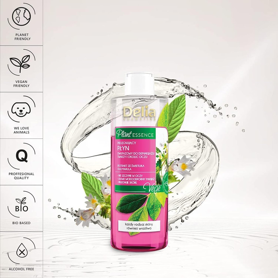 Delia Cosmetics - Plant Essence - Two-Phase Make Up Remover for Face & Eyes - Skin Care & Cleansing - Removes Waterproof Makeup - Vegan Friendly - Natural Ingredients - Every Skin Type - 200ml