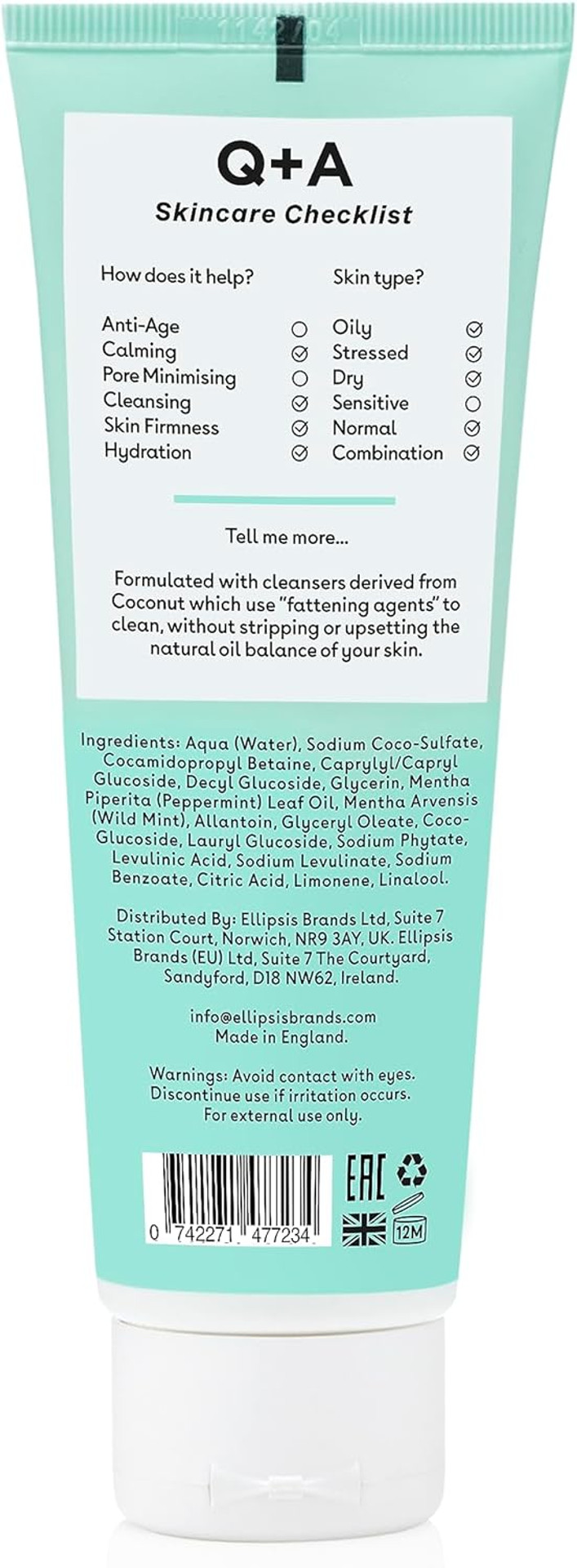 Q+A Peppermint Daily Cleanser (125ml), Refreshing Gel Cleanser, 98.2% Natural Peppermint Facial Wash for Oily, Stressed & Blemish-Prone Skin, Gentle Skincare, Purifies & Balances Oil