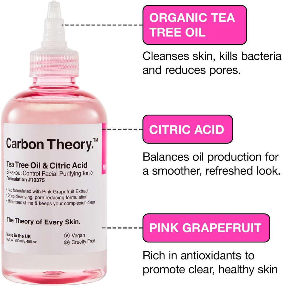 Carbon Theory | Tea Tree Oil & Citric Acid Breakout Control Facial Purifying Tonic with Pink Grapefruit | Natural, Vegan and Cruelty Free | 250ml