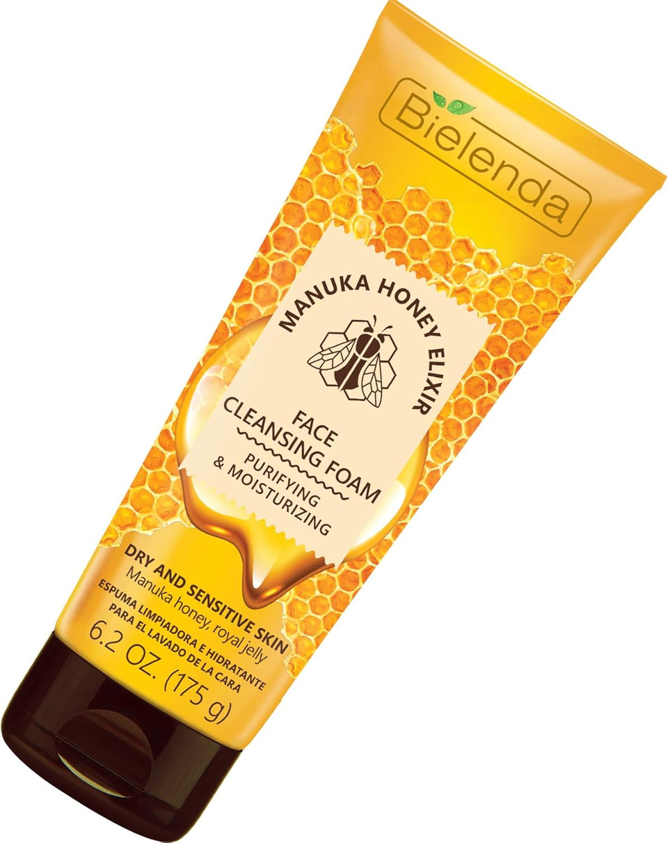 Bielenda Manuka Honey Nutri Elixir - Effectively Cleanses And Refreshes Demanding Dry And Sensitive Skin - Manuka Honey Cleansing And Moisturizing Face Foam For Dry And Sensitive Skin - 175 g