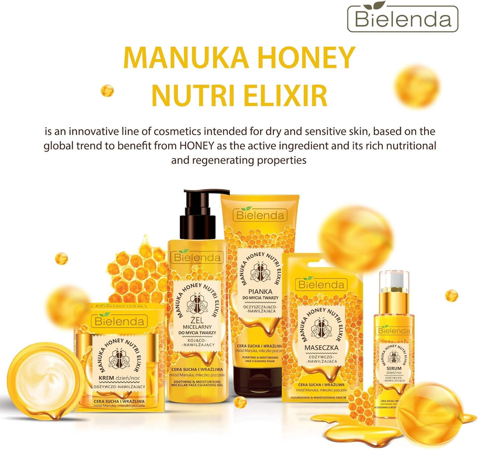 Bielenda Manuka Honey Nutri Elixir - Effectively Cleanses And Refreshes Demanding Dry And Sensitive Skin - Manuka Honey Cleansing And Moisturizing Face Foam For Dry And Sensitive Skin - 175 g