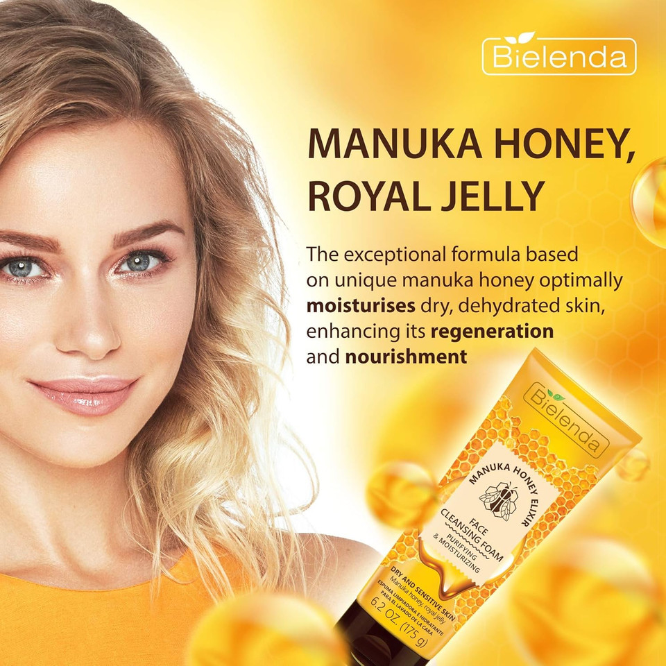 Bielenda Manuka Honey Nutri Elixir - Effectively Cleanses And Refreshes Demanding Dry And Sensitive Skin - Manuka Honey Cleansing And Moisturizing Face Foam For Dry And Sensitive Skin - 175 g