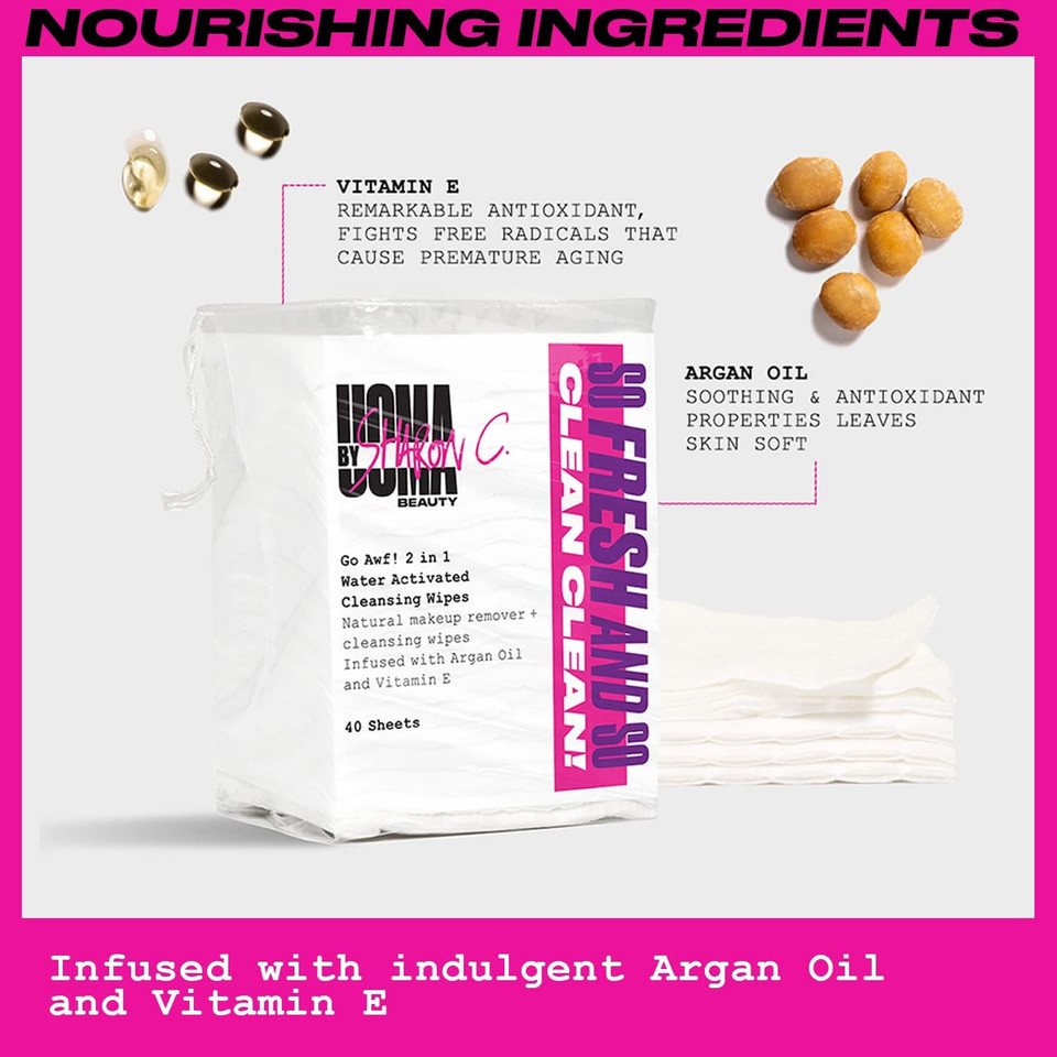 UOMA by Sharon C. Face Wipes - Go Awf 2 in 1 Water Activated Makeup Removal Pads. Biodegradable Cotton Pads with Argan Oil + Vitamin E. 40 Wipes